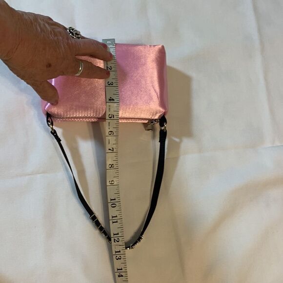 Truly small handbag/clutch.  Pink satin with rhinestone letters on black strap - Picture 6 of 8